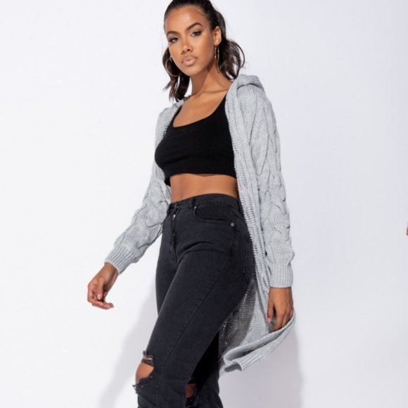 Chunky Cable Knit Long Sleeve Hooded Midi Cardigan - Picture 6 of 11